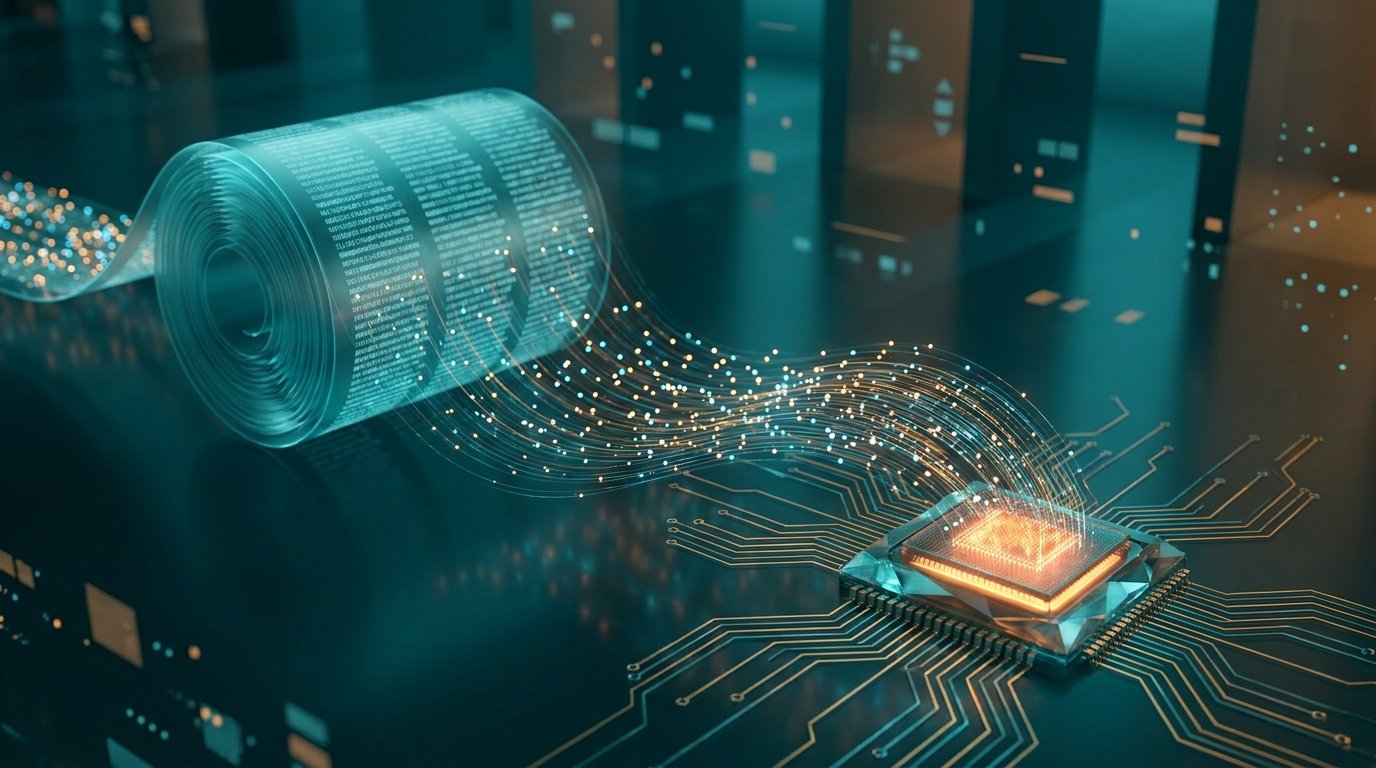 Ilustração de um grande volume de documentos digitais fluindo para um núcleo de processamento de IA, representando janela de contexto longa