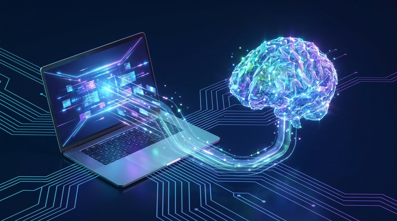Ilustração de um terminal de programação conectado a um núcleo de inteligência artificial, representando integração via API