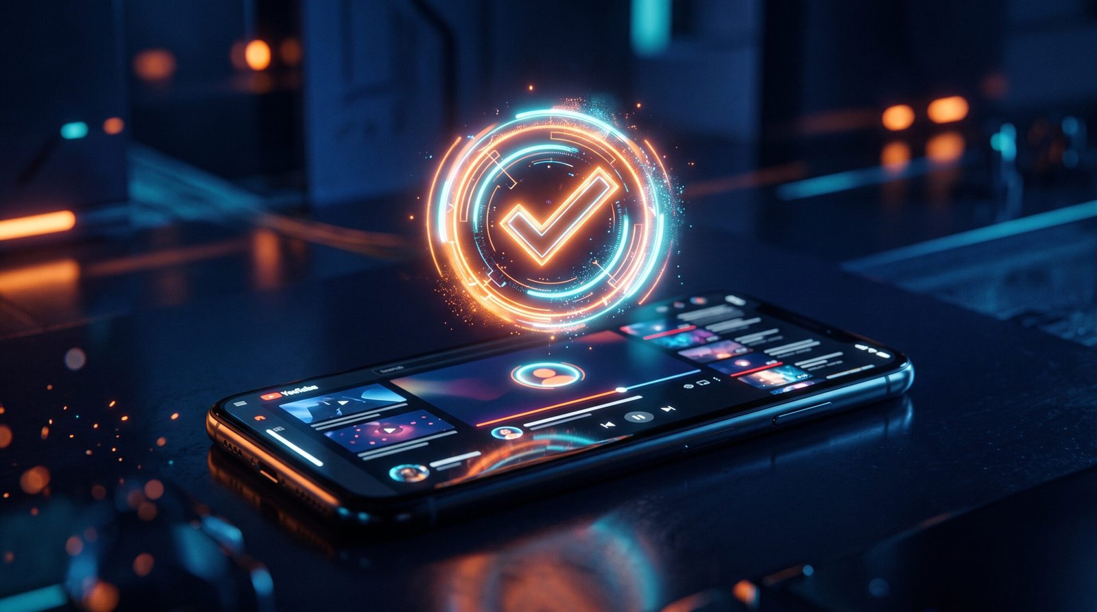 Selo de verificação brilhante flutuando sobre a tela de um smartphone com interface de vídeo