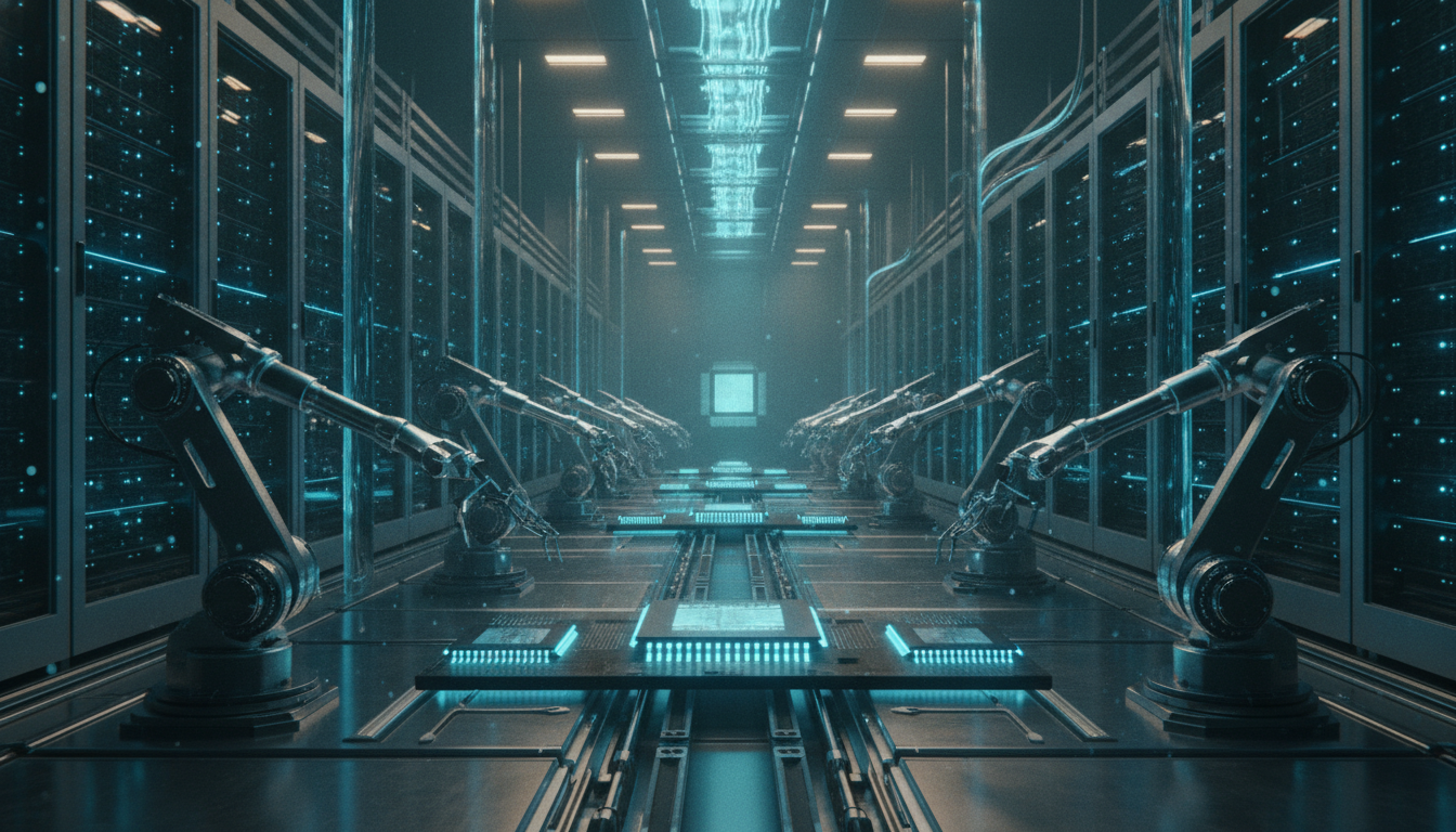 Fábrica de chips e data center de inteligência artificial com servidores e semicondutores