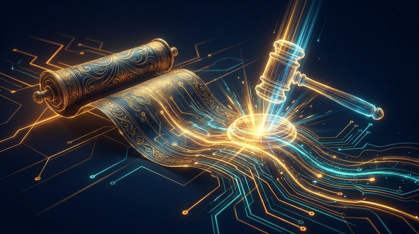 Documento de política se transformando em regras digitais brilhantes, com um feixe de luz em formato de martelo confirmando a aprovação