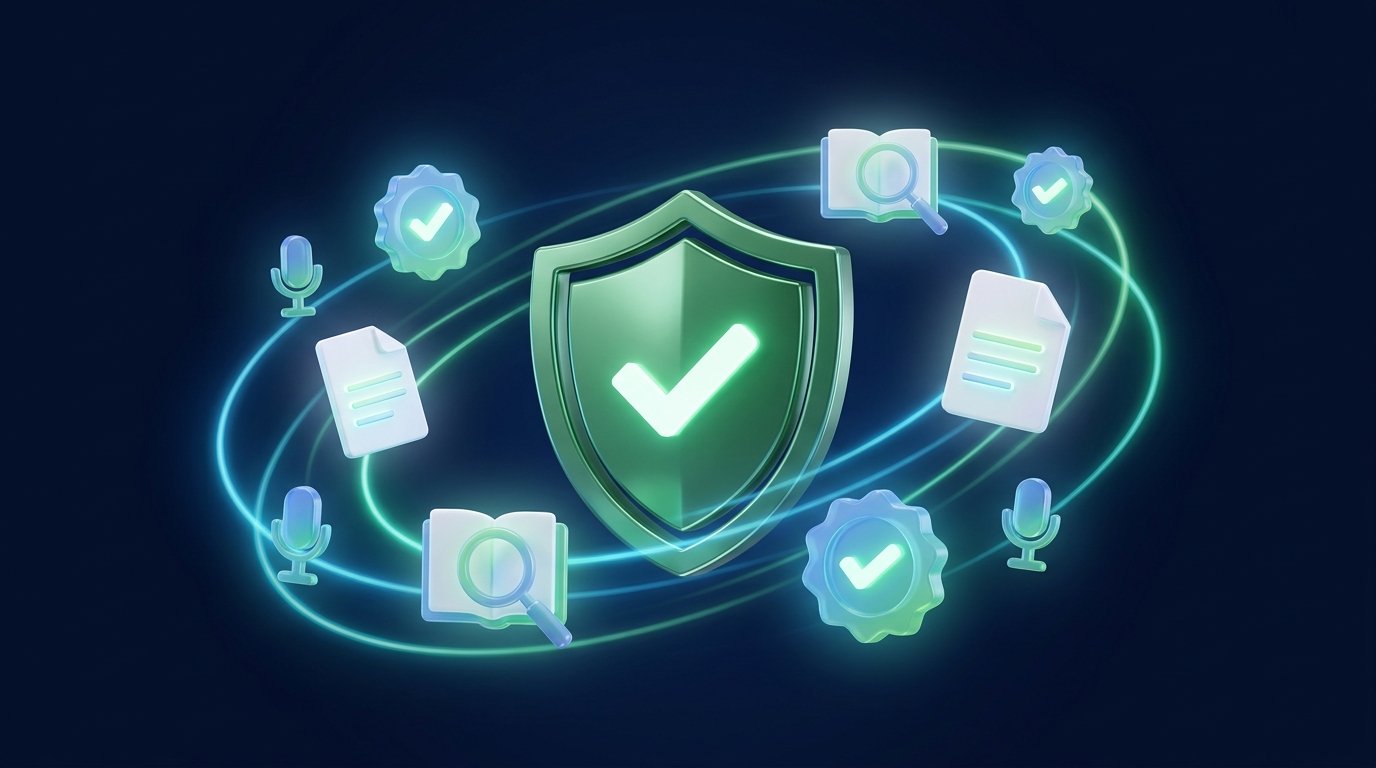 Escudo verde com marca de verificação cercado por ícones de selos verificados e páginas de documentos limpos, representando conteúdo confiável
